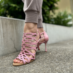 Nahaufnahme von Portdance PD803 Pro Pink Glitter Tanzschuhen mit schmalerem Absatz auf strukturiertem Gehweg, dahinter Grünpflanzen.