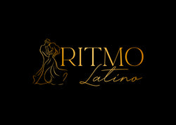 Die Silhouette eines tanzenden Paares, „Ritmo Latino“ in Gold, stellt Tanzkurse auf schwarzem Hintergrund dar.