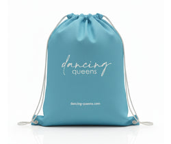 Blau/weißes Tanzschuh-Säckchen von Dancing Queens mit weißem Aufdruck dancing-queens.com auf der Vorderseite.