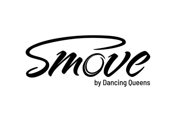 Stilisiertes Textlogo „Smove by Dancing Queens“ mit einem Wirbel im „o“ auf weißem Hintergrund.
