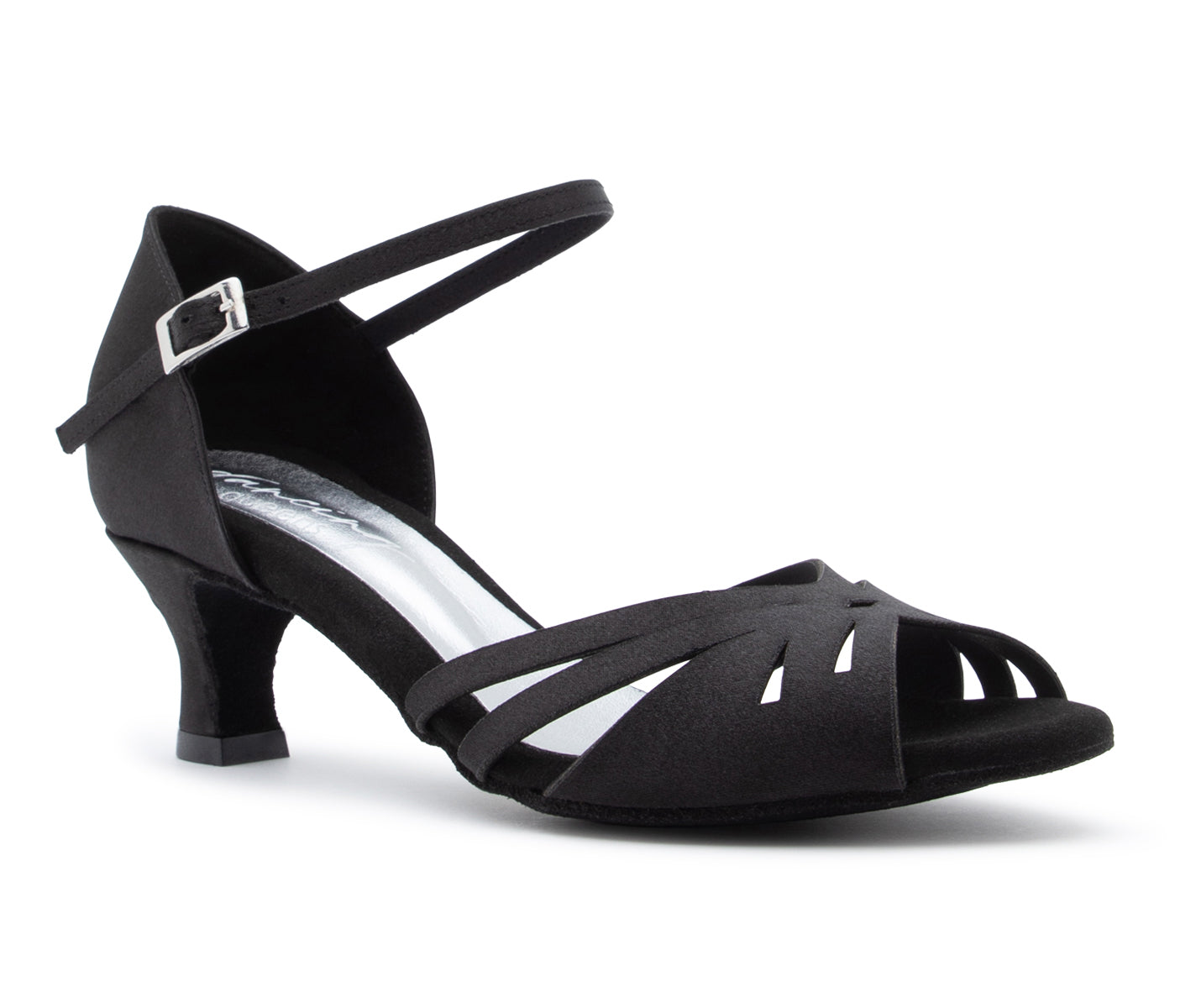 Sparkle Elegance Tanzschuhe von Dancing Queens: schwarzer Satin, niedriger Absatz, Knöchelriemen, Cutouts vorne.
