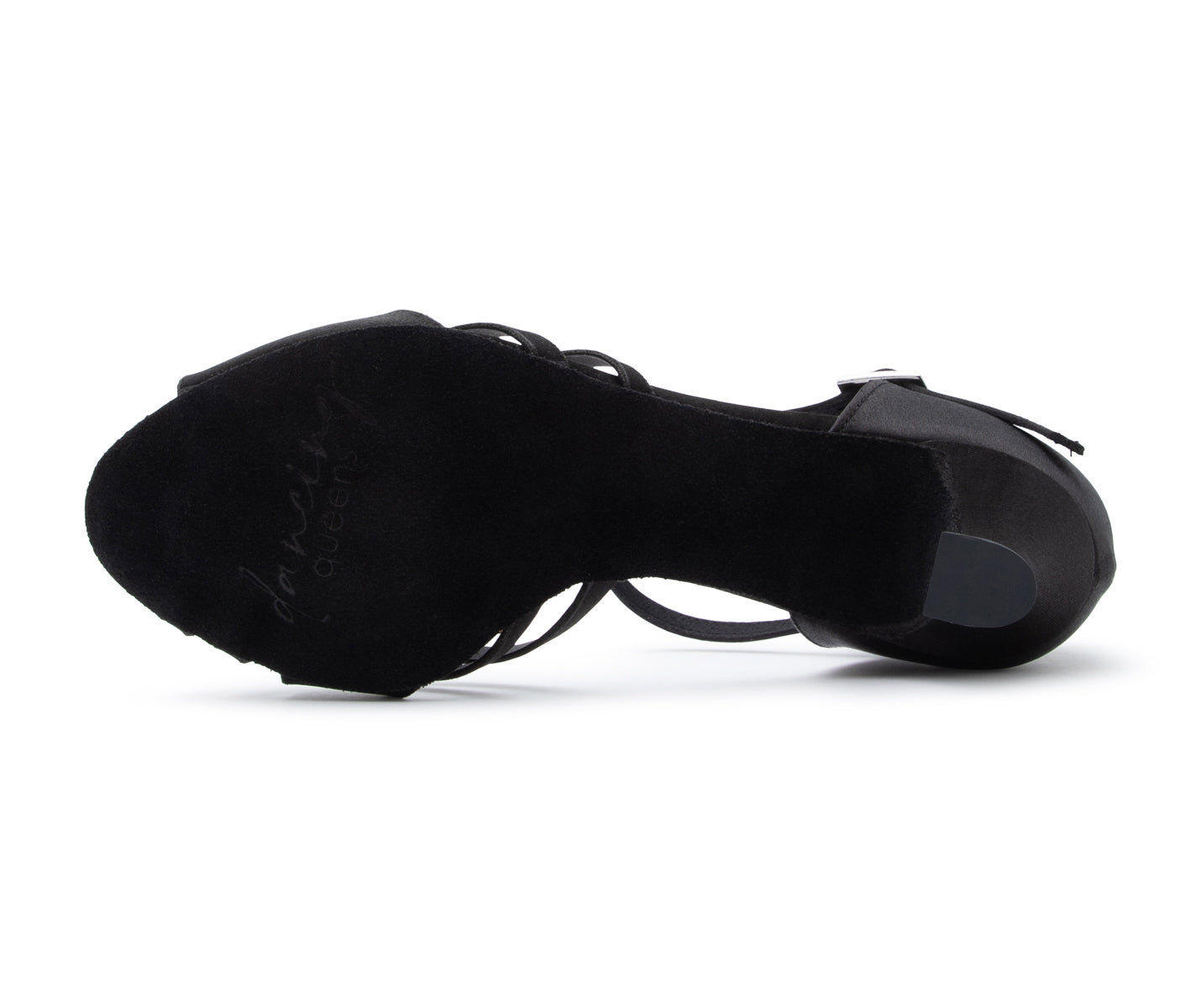 Sparkle Elegance Tanzschuhe in Schwarz Satin von Dancing Queens von unten gezeigt, Wildledersohle sichtbar.