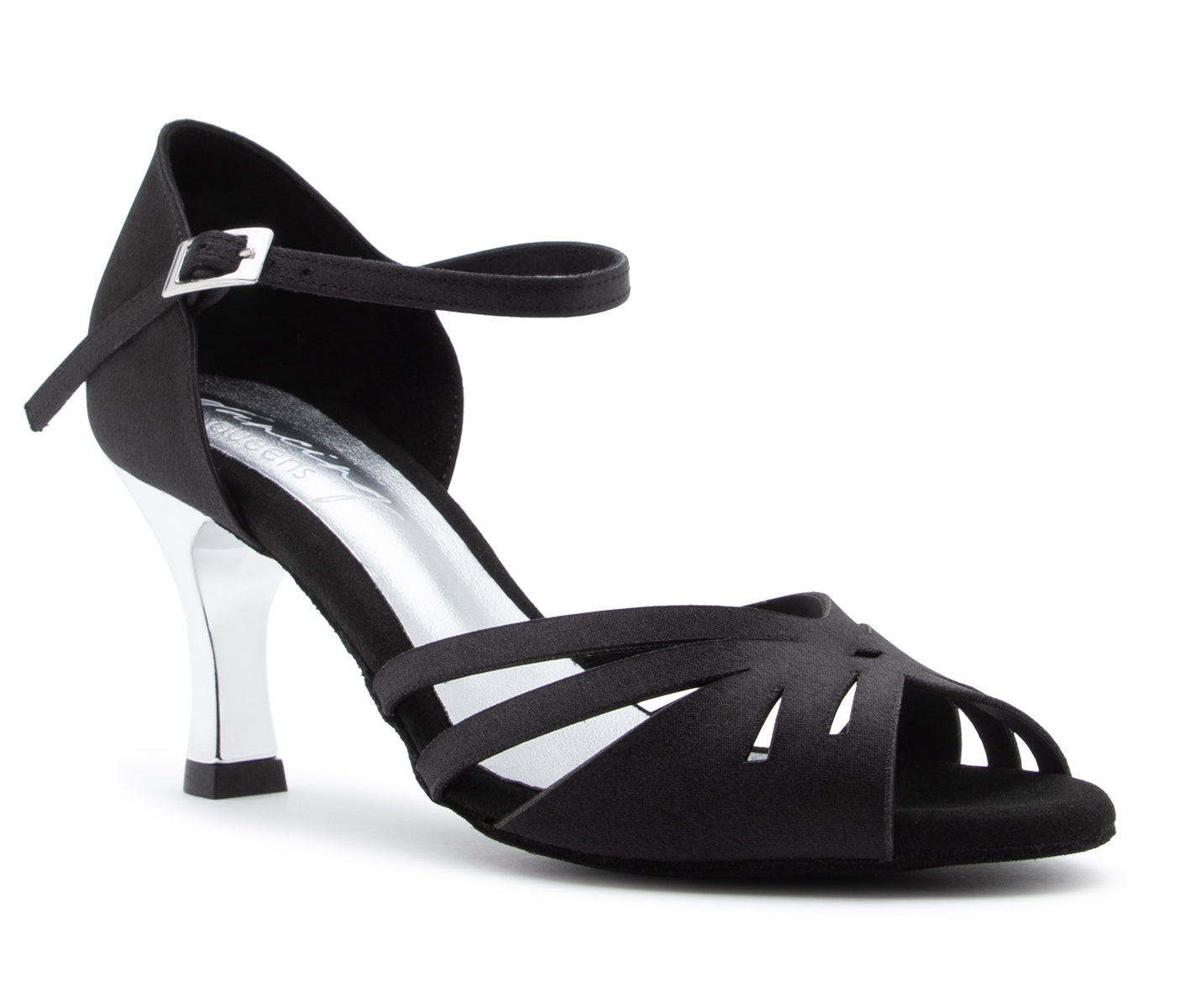 Sparkle Elegance Tanzschuhe in Schwarz Satin von Dancing Queens mit silbernem Absatz, Knöchelriemen & Cutout vorne.
