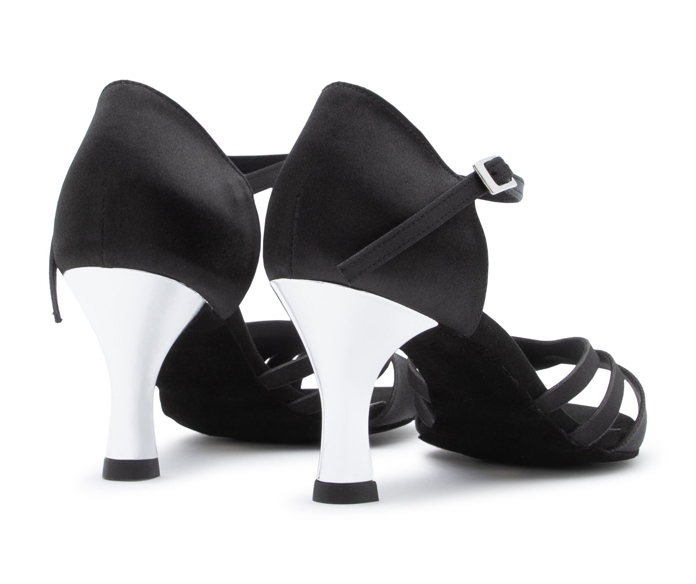Dancing Queens Sparkle Elegance Schwarz Satin Tanzschuhe mit Fesselriemchen und weißen High Heels, Rückansicht.