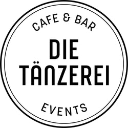 Logo mit Text: „DIE TÄNZEREI – Café, Bar und Tanzlokal in einem“ in einem kreisförmigen Rand.