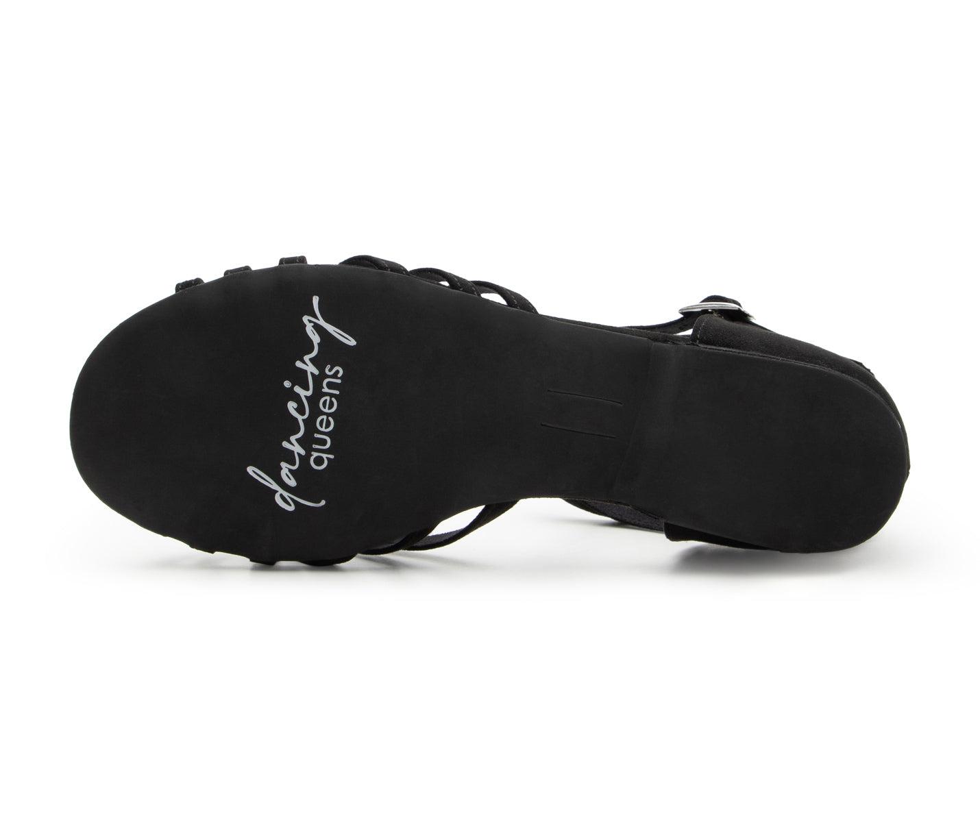 Die schwarze Sohle der Dancing Queens DQ02 Wildleder-Tanzschuhe, perfekt für West Coast Swing.