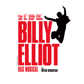 Silhouette eines springenden Tänzers mit „Billy Elliot Das Musical“ in fetten roten Buchstaben.