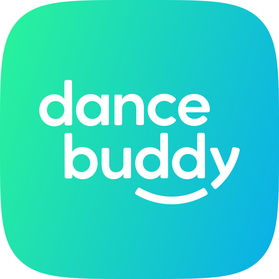 Dancebuddy-Logo in Schwarz mit einer geschwungenen Linie auf grün-blauem Farbverlauf, von Tanzkurse Online-Tanzschule.