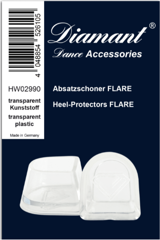 Diamant Absatzschoner Flare Verpackung für Tanzschuhe mit transparentem Absatzschoner, beschriftet in Deutsch/Englisch.