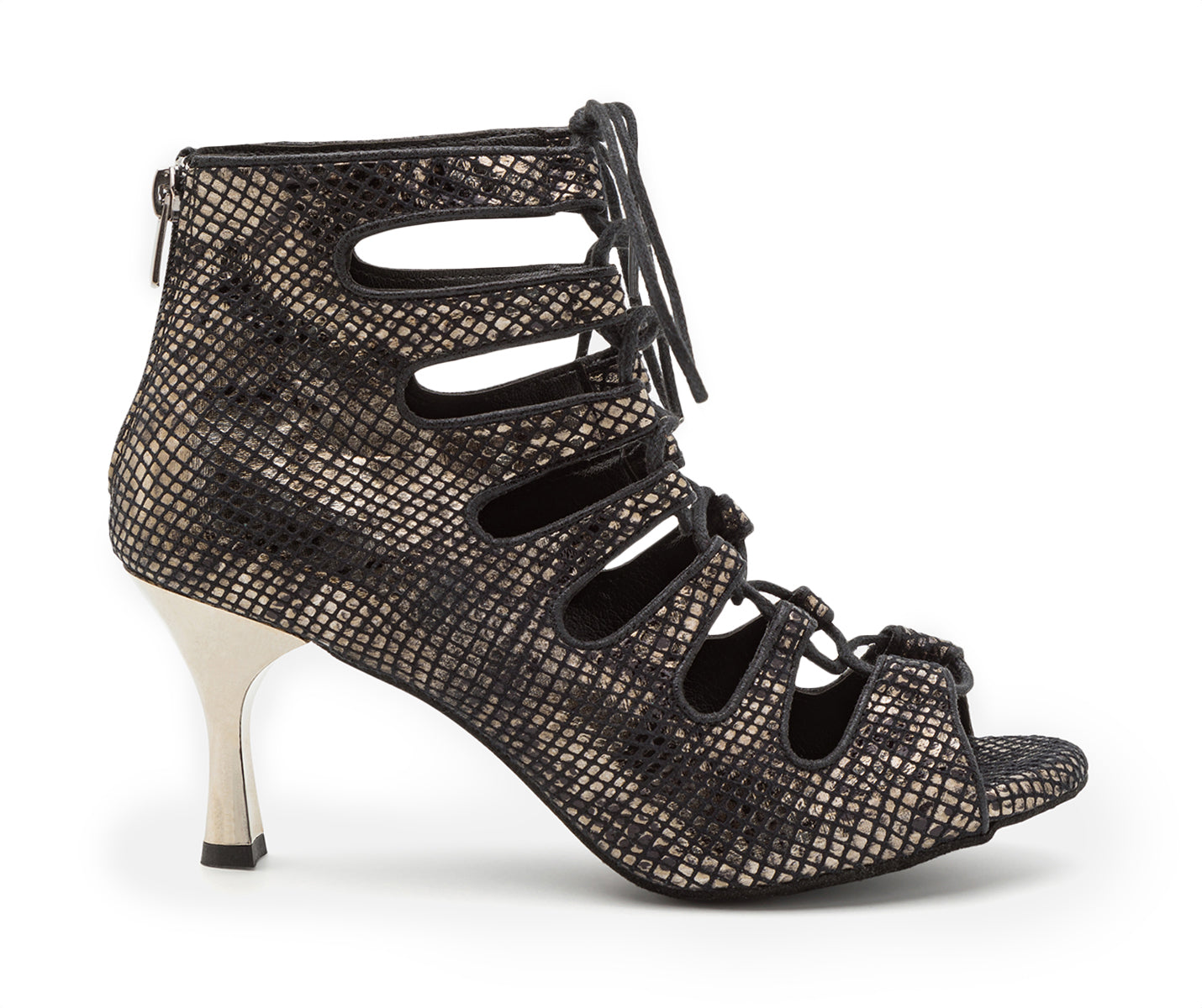 Electra Tanzschuhe in Schwarz Piton von Dancing Queens: Schwarze und silberne Riemchensandaletten, metallischer Absatz, Cutout-Design.