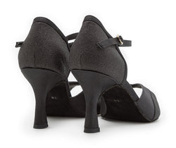 ESP02 Tanzschuhe in Schwarz von Dancing Queens, schwarze Satin-High-Heels mit Fesselriemchen, von hinten gezeigt.