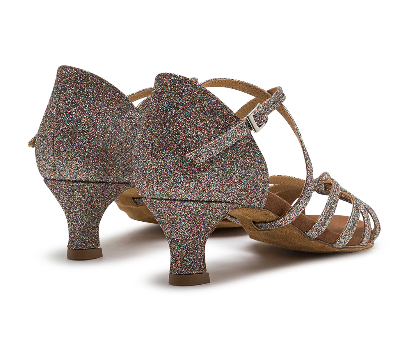 205 Tanzschuhe in Multiglitter von Dancing Queens mit niedrigem Absatz und Knöchelriemchen glitzert und schimmert von hinten.
