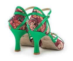 NAOS Tanzschuhe von Dancing Queens: Grün, Blumenmuster, Stilettoheels mit Knöchelriemen.