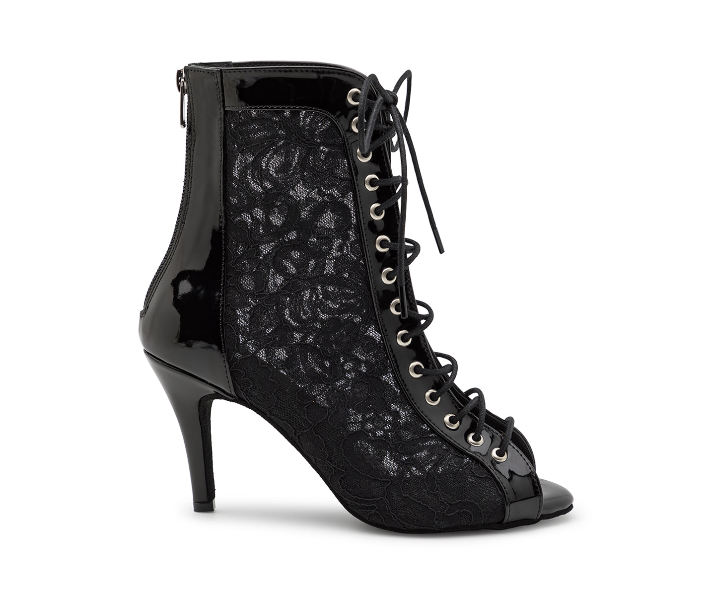 Magnet Aura Tanzschuhe in Schwarz Lack von Dancing Queens mit Spitze, Peep-Toe und seitlichem Reißverschluss.