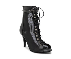 Die Tarff Tanzschuhe von Dancing Queens: Schwarze Schnürstiefelette, hoher Absatz, offene Zehenpartie, Mesh-Seiten – ideal für Heels Dance.