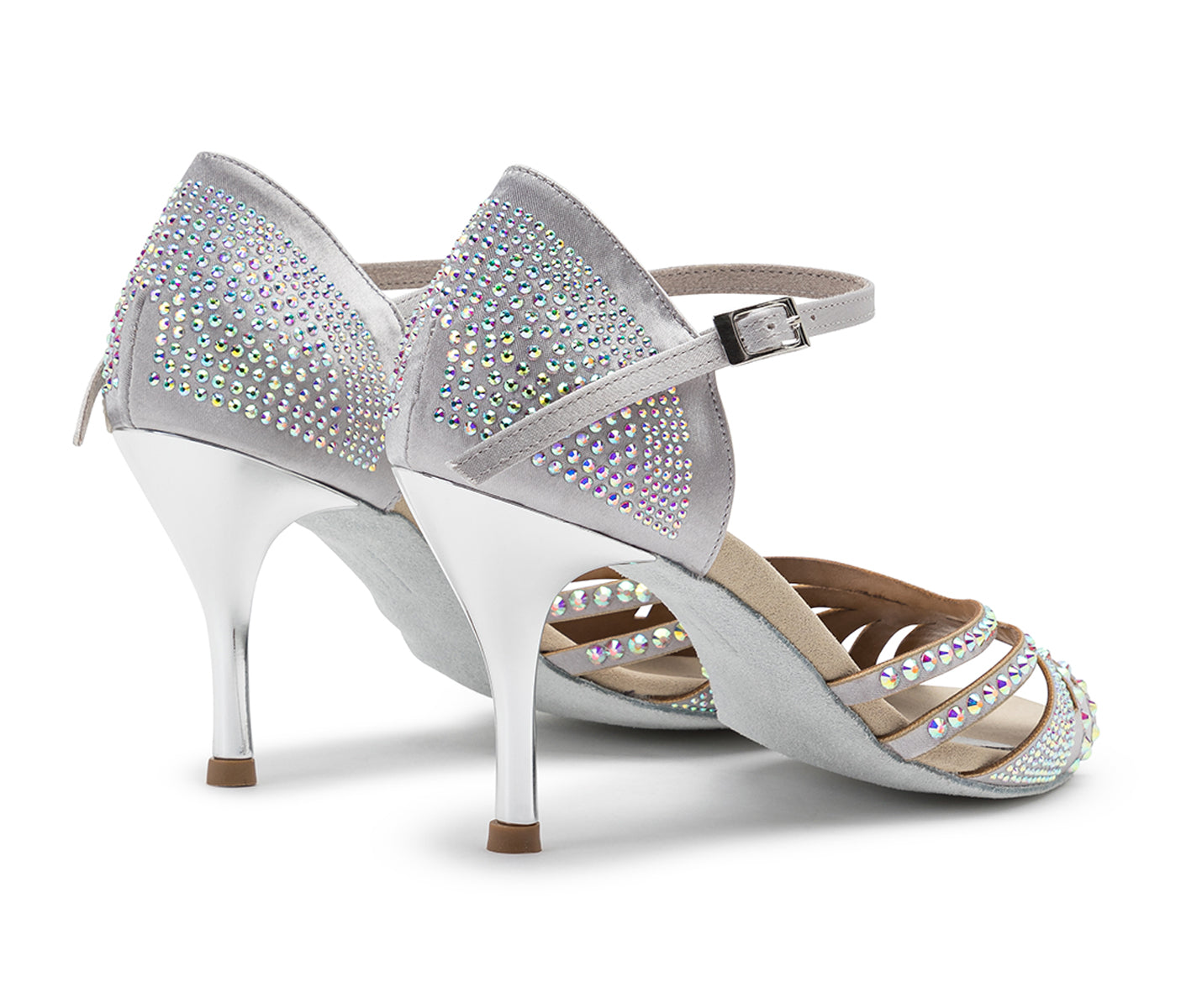 DQ L3M Tanzschuhe von Dancing Queens: Silber mit Strasssteinen, Knöchelriemen und elegantem Open-Toe-Design.