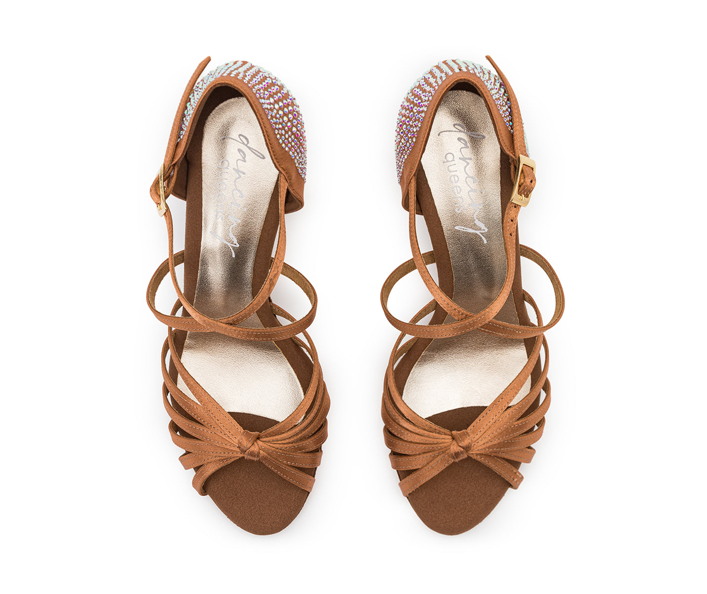 Satin-Tanzschuh-Heels von Dancing Queens mit Strass-Akzenten und goldenen Schnallen, von oben betrachtet.