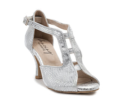 Silberne ESP11-Tanzschuhe von Dancing Queens; strukturierter Peep-Toe-T-Riemen und mittelhoher Absatz auf weißem Hintergrund.
