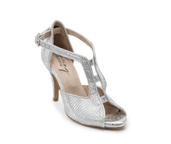 ESP11 Tanzschuhe in Silber: Silberne strukturierte High Heel-Sandale mit offener Spitze und Knöchelriemen von Dancing Queens.
