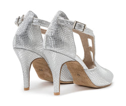 ESP11 Tanzschuhe in Silber von Dancing Queens: silberne High Heels aus Schlangenleder mit Fesselriemchen, Rückansicht abgebildet.