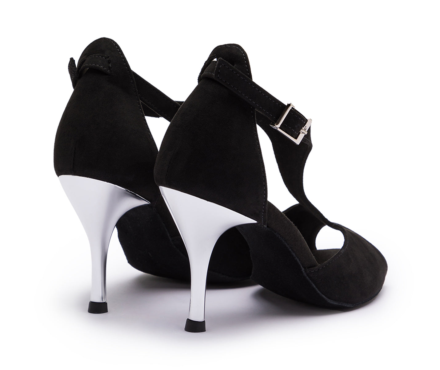 DQ1001 Tanzschuhe in Schwarz mit Wildleder-Sohle von Dancing Queens, mit silbernen Stiletto-Absätzen und Knöchelriemen.