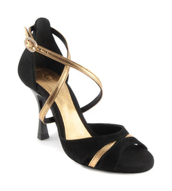 Portdance PD816 Tanzschuhe aus schwarz-goldenem Leder mit offener Spitze, überkreuzten Riemen und Schnalle.