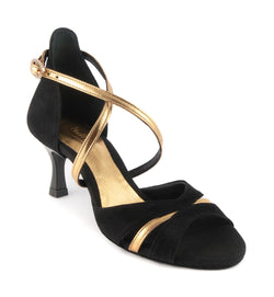 Portdance PD816 Tanzschuhe aus schwarz/goldenem Leder mit Riemchenabsatz und Knöchelriemenschnalle.