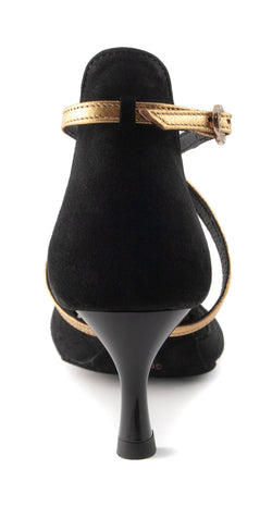 PD816 Tanzschuhe von Portdance, schwarz mit goldenem Knöchelriemen und Schnalle, von hinten betrachtet.