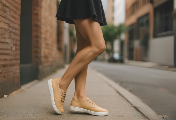 Frau in schwarzem Rock und hellbraunen Turnschuhen auf dem Bürgersteig einer Stadt.