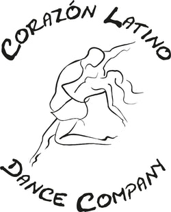 Silhouettenzeichnung eines tanzenden Paares mit dem Text „Corazon Latino Dance Company Tanzschule“.