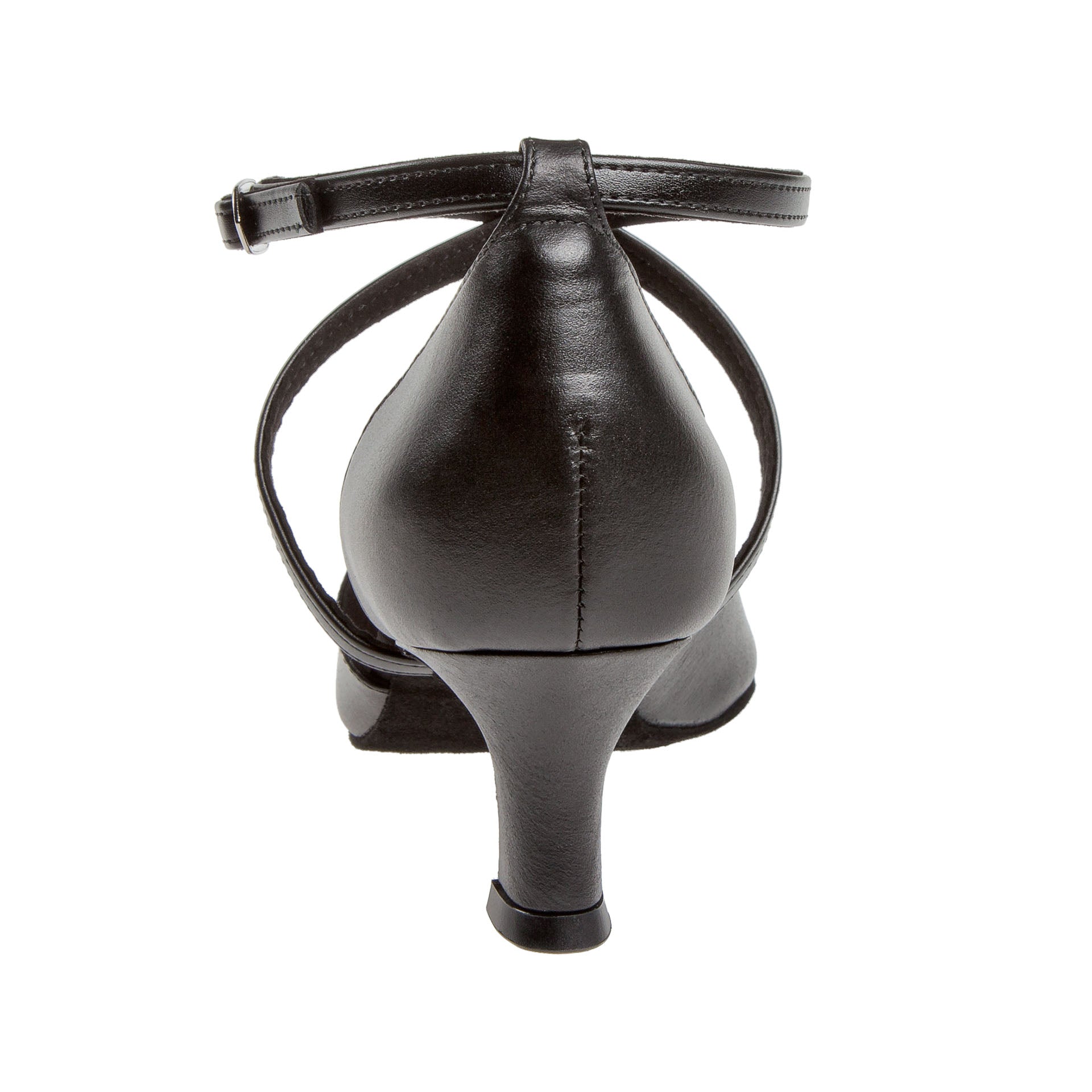 Rückansicht der Diamant 048 Tanzschuhe in Schwarz mit Knöchelriemen und Schnalle auf strahlend weißem Hintergrund.