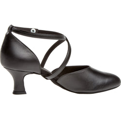 Schwarze Diamant 048 Tanzschuhe mit niedrigem Absatz und überkreuztem Fesselriemchen.