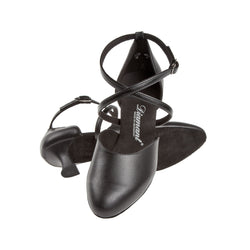 Diamant 048 Tanzschuhe in Schwarz, Riemchenform mit geschlossener Spitze, von oben und von der Seite dargestellt.