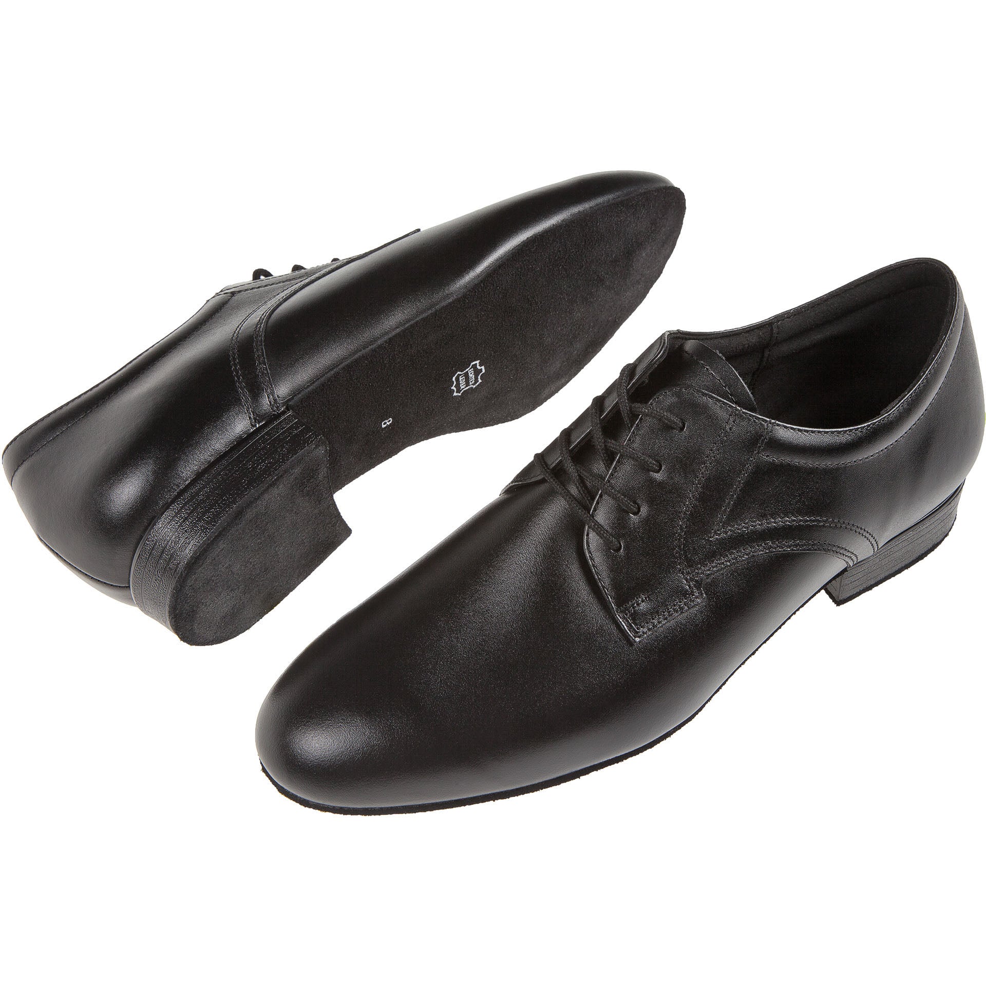 Elegante schwarze Diamant 085 Tanzschuhe, einer aufrecht, der andere auf der Seite liegend.