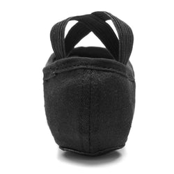 Rückansicht des 1006 Elastico Ballettschläppchens von Rumpf in Schwarz mit gekreuzten Gummibändern auf weißem Hintergrund.