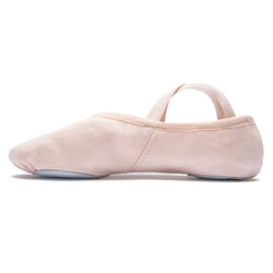 Rumpf 1006 Elastico Ballettschläppchen in Hellrosa mit elastischem Riemen und Chromledersohle, Seitenansicht.