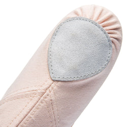 Nahaufnahme des Rumpf 1006 Elastico Ballettschläppchen in Hellrosa mit elastischem Leinen und Leder-Zehenpolster.