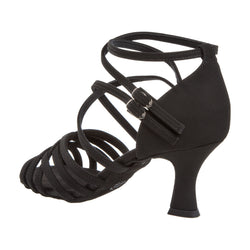 Diamant's 108 Tanzschuhe: Schwarze Tanzsandale mit hohem Absatz aus Mikrofaser, Fesselriemchen und ausgestelltem Absatz.