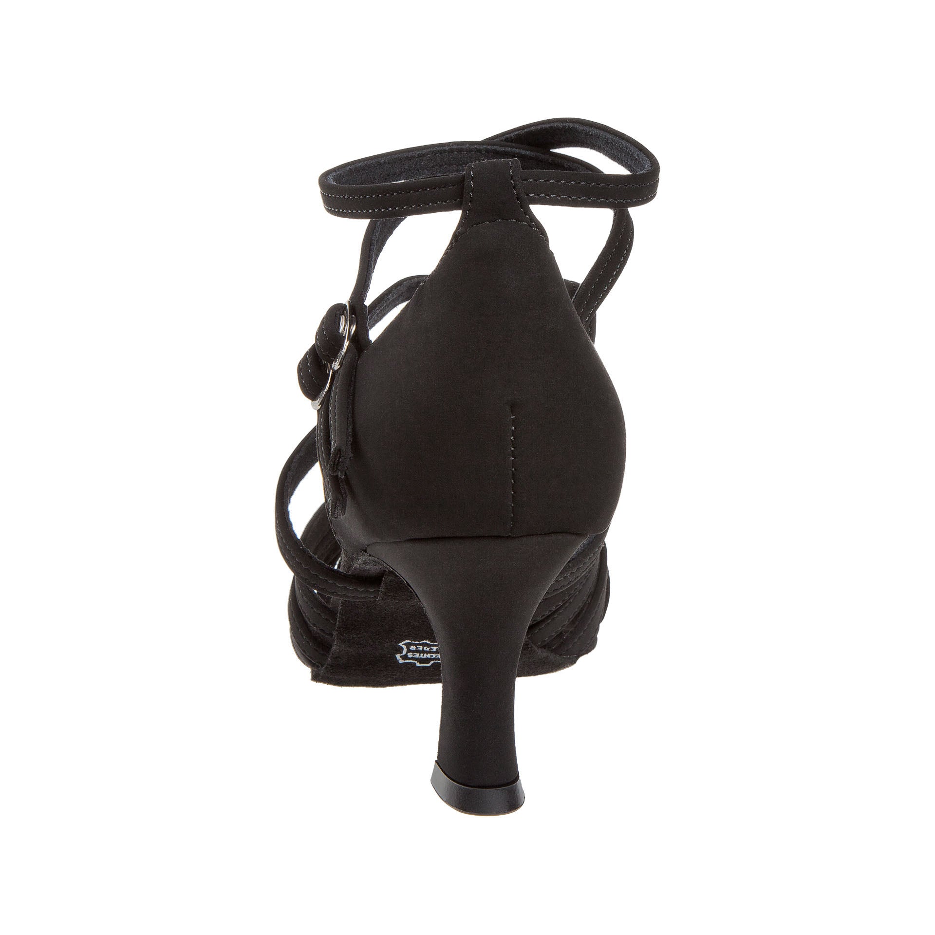 Rückansicht der 108 Tanzschuhe von Diamant in Schwarz mit Knöchelriemen aus Mikrofaser vor weißem Hintergrund.