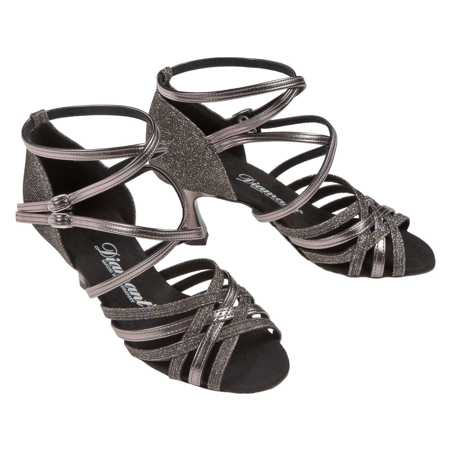 Diamant 108 Tanzschuhe in Anthrazit sind schwarze Riemchen-Pumps mit metallischen Akzenten, Glitzer und Schnallenverschlüssen.