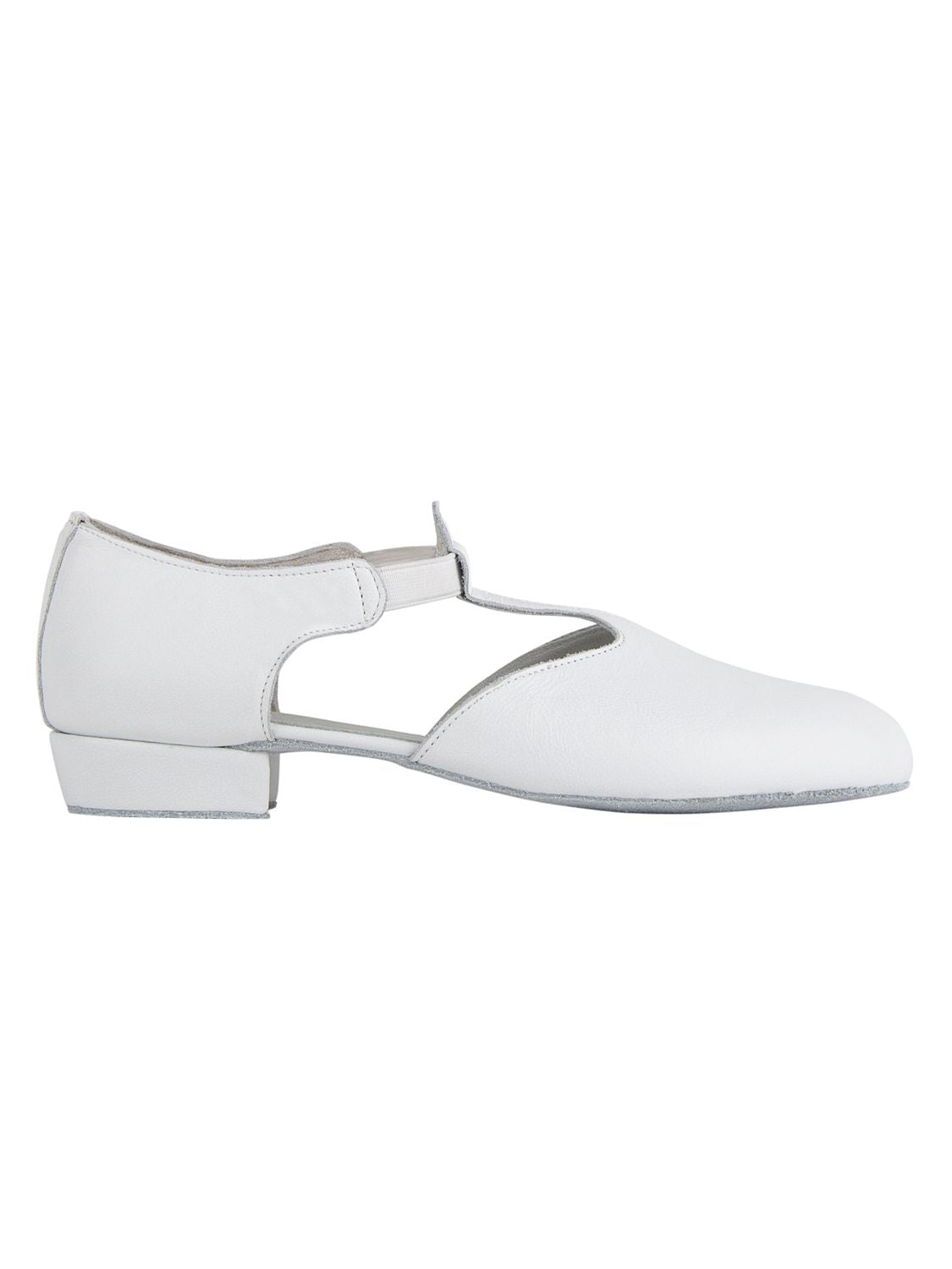 1312 Griechische Sandale in Weiss von Rumpf: Eine Seitenansicht eines weißen T-Riemen-Tanzschuhs mit niedrigem Absatz.