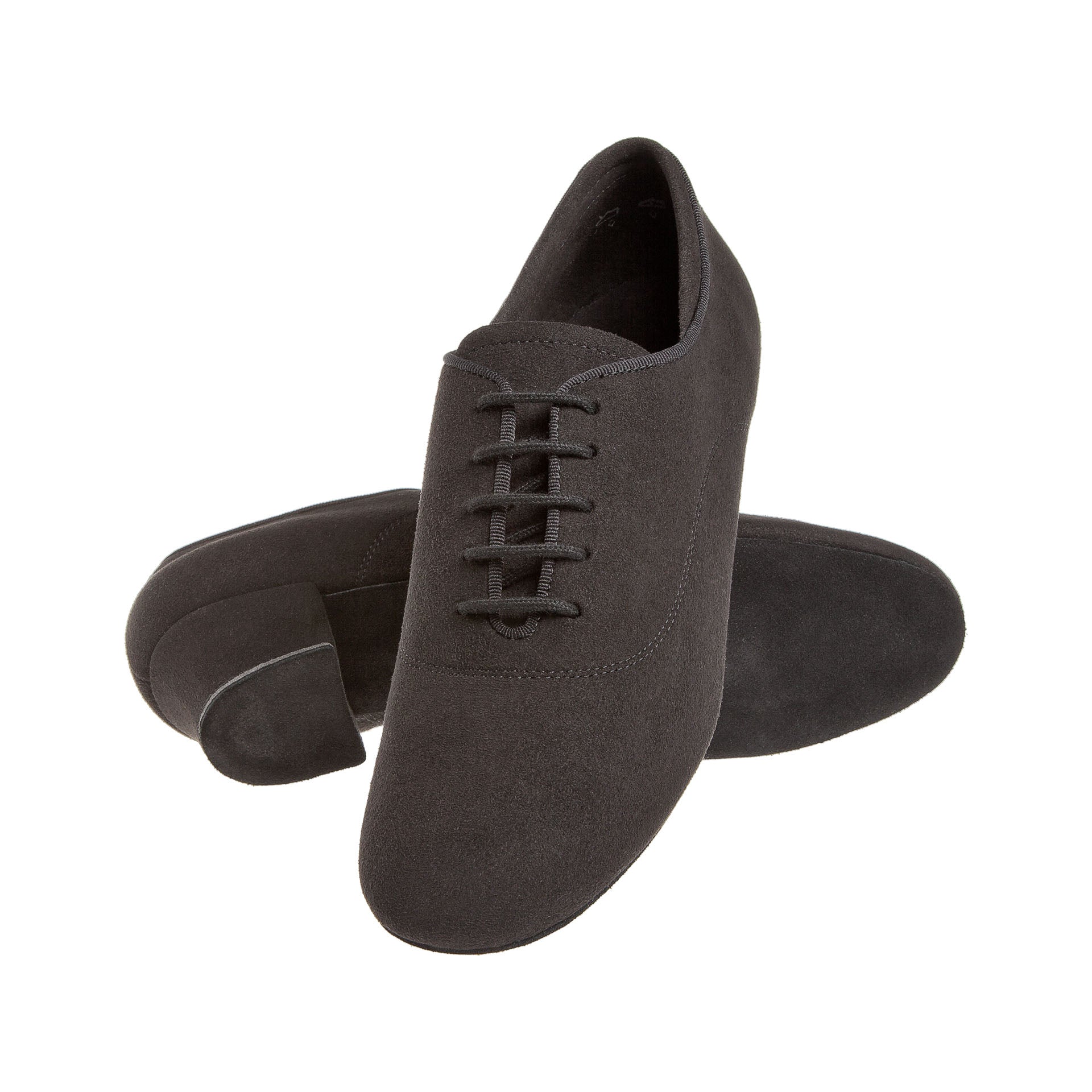 140 Tanzschuhe in Schwarz von Diamant, wobei einer steht und der andere auf der Seite liegt.