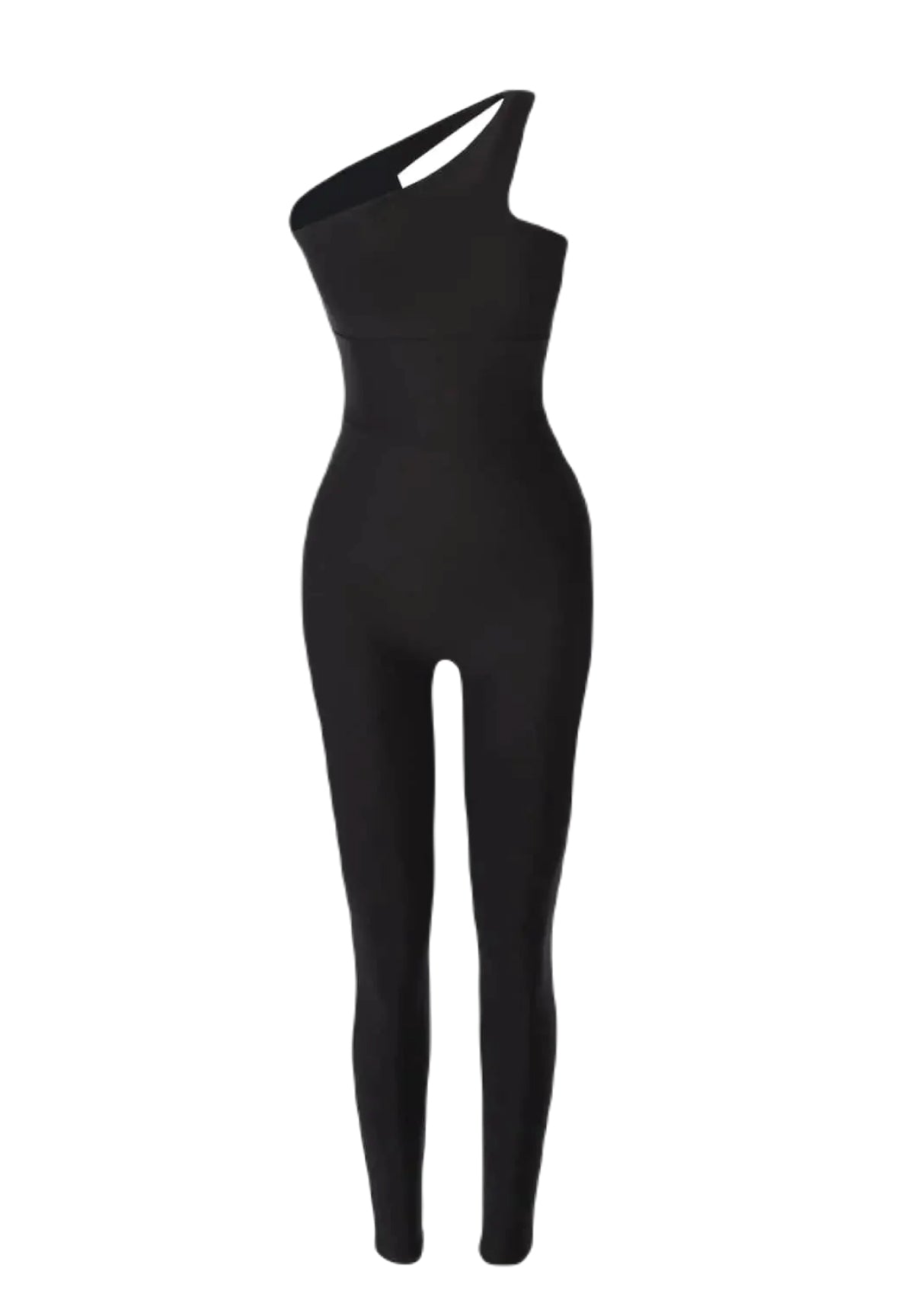 Esmeraldas Lima-Jumpsuit in Schwarz, einschultrig mit taillierter Silhouette auf weißem Hintergrund.