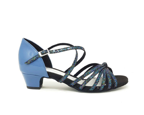 Lidmag 205 Blau/Schwarz: Sandale mit blauem Absatz und schwarzen und mehrfarbigen Glitzerriemen.