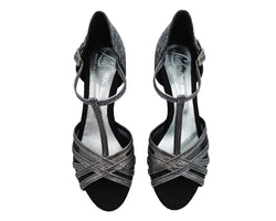 705 Tanzschuhe in Silber & Schwarz von Dancing Queens mit T-Riemen-Design und Schnalle, auf weißem Hintergrund.