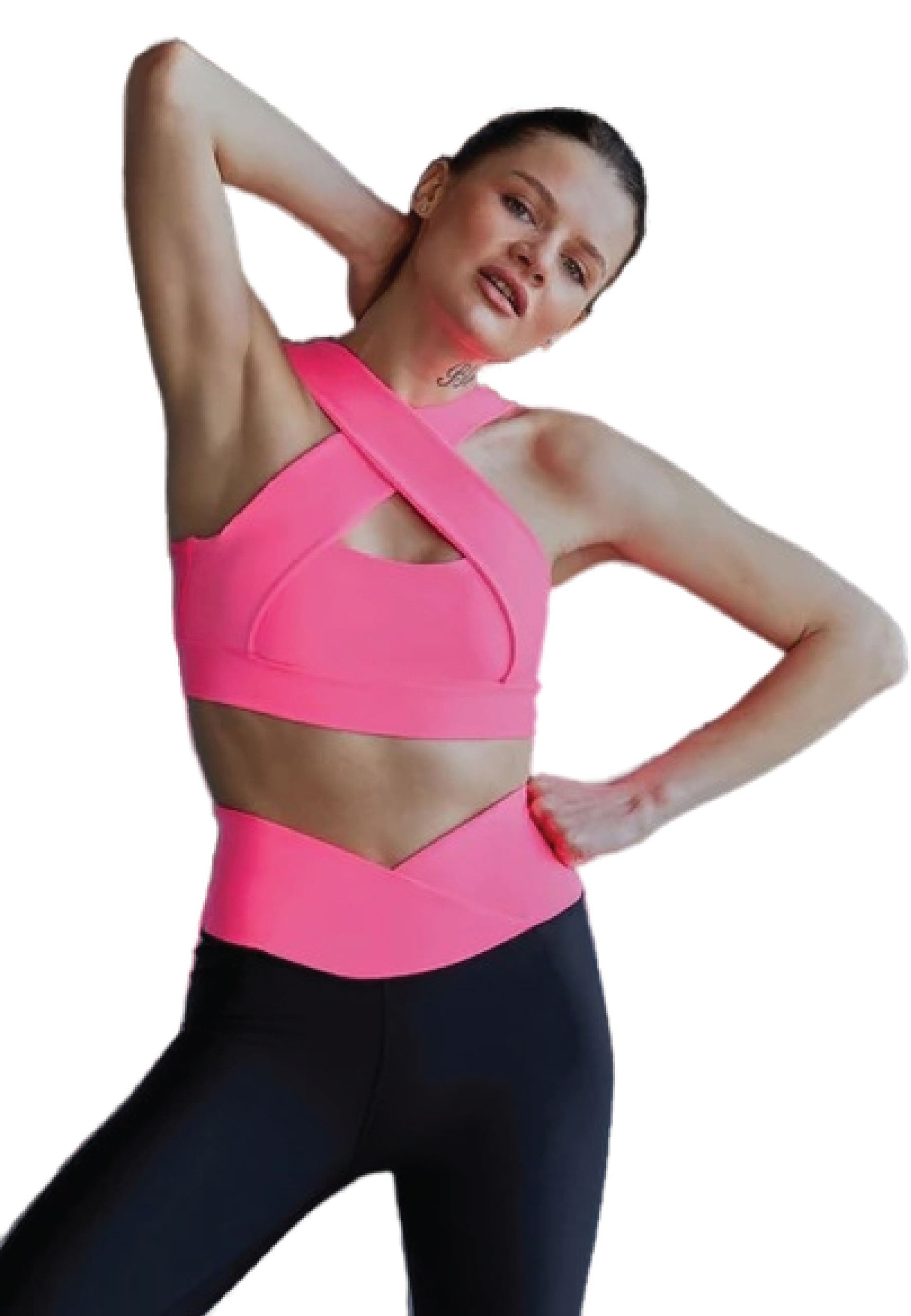 Person im 193 Decoltée Sport-BH in Pink von Lismina posiert und verkörpert Yoga-Fitness.