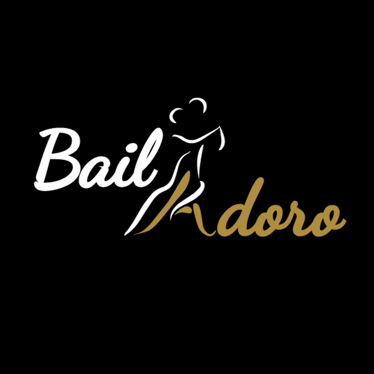 Silhouette eines tanzenden Paares mit „Bailadoro“ auf schwarzem Hintergrund, das Tanzkurse hervorhebt.