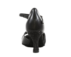 Rückansicht des hochhackigen Tanzschuhs 704 aus schwarzem Leder von Lidmag mit glitzerndem Absatz und Knöchelriemen.