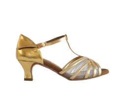 705 Gold Lurex von Lidmag: Riemchensandale mit T-Riemen-Design, goldenem Lurex-Finish und niedrigem Absatz, Seitenansicht.