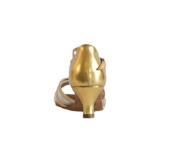 Rückansicht eines einzelnen Lidmag 705 Gold Lurex-Stiefelschuhs mit Knöchelriemen auf weißem Hintergrund.
